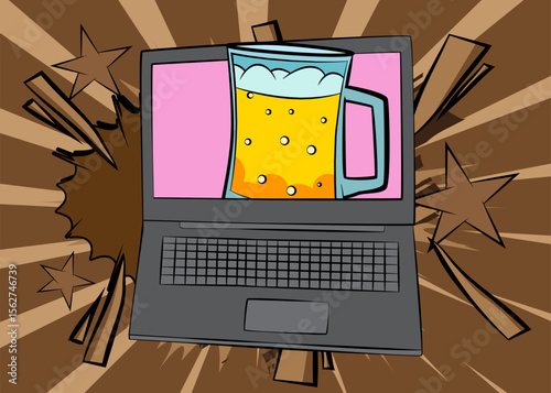 Cartoon Laptop, comic book Notebook with Beer glass. Retro vector comics pop art design.