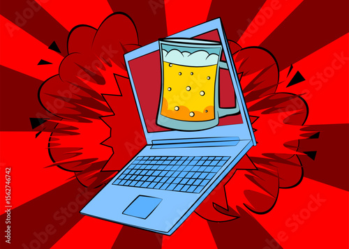 Cartoon Laptop, comic book Notebook with Beer glass. Retro vector comics pop art design.