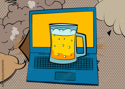 Cartoon Laptop, comic book Notebook with Beer glass. Retro vector comics pop art design.
