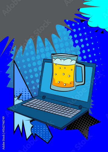 Cartoon Laptop, comic book Notebook with Beer glass. Retro vector comics pop art design.