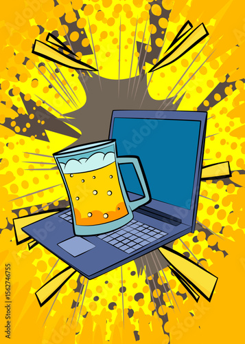 Cartoon Laptop, comic book Notebook with Beer glass. Retro vector comics pop art design.