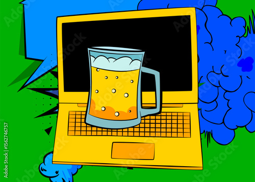 Cartoon Laptop, comic book Notebook with Beer glass. Retro vector comics pop art design.
