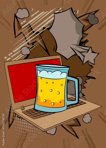 Cartoon Laptop, comic book Notebook with Beer glass. Retro vector comics pop art design.