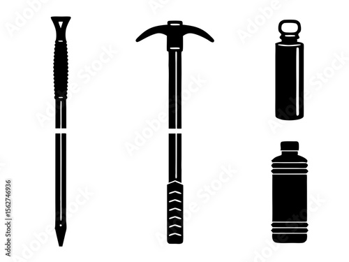Set of black silhouette icons for mountaineering and hiking gear on white background