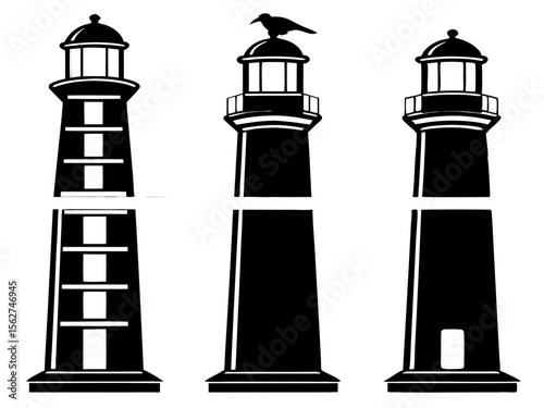 Collection of three black silhouette lighthouses with different designs and a bird on top