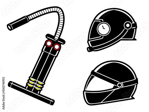 Stylized black and white icons of a bicycle pump and two motorcycle helmets