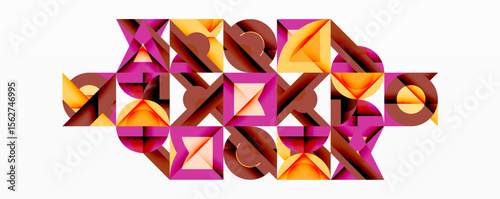 Abstract geometric composition. Shapes overlap, creating complex patterns. Warm colors dominate design, offering visual interest.
