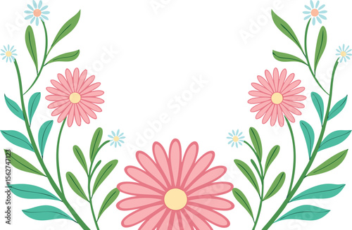 Pink and blue floral border with green leaves pink flowers blue flowers
