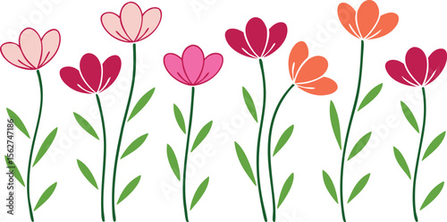 Pink and orange flowers with green stems and leaves floral