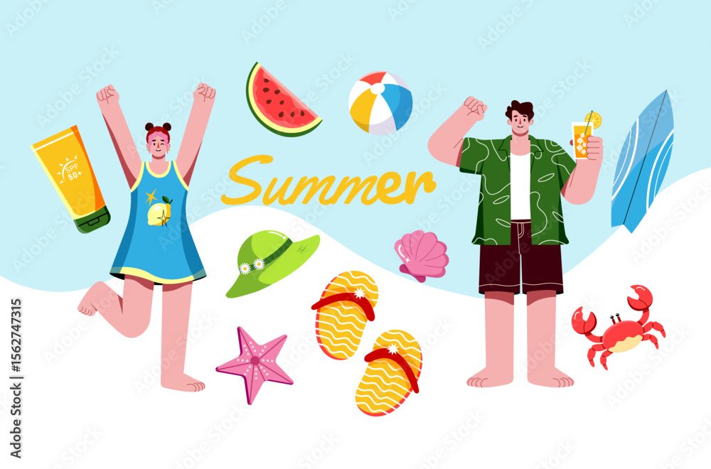 Fototapeta premium Summer Beach Day Clipart Set, Cute Tropical Vacation Illustration with Happy Characters and Holiday Elements