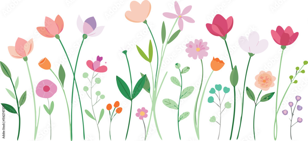 Obraz premium Floral border featuring colorful wildflowers and cute spring blooms