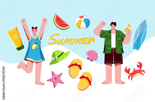 Summer Beach Day Clipart Set, Cute Tropical Vacation Illustration with Happy Characters and Holiday Elements