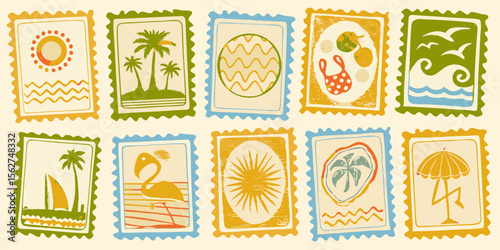 Summer Vacation Stamps Pattern with Palm Trees Flamingo and Sun