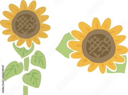ひまわり一本や一輪の花と葉のイラストセット