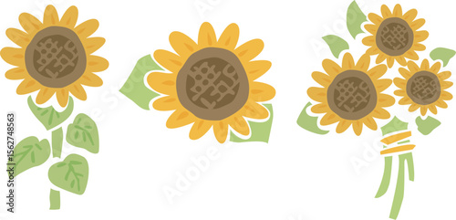 ひまわりの花や花束のイラストセット	
