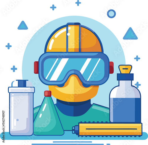 PPE gear set with face shield, goggles, and mask on table, safety equipment icon, isolated on white background
