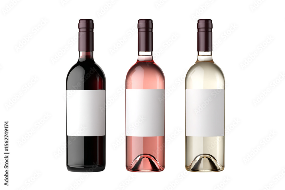 Three wine bottles, red, rosé isolated on transparent background Three wine bottles, red, rosé isolated on transparent background