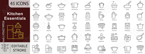Kitchen Essentials Line Icons: Cooking, Utensils and Home Food Prep Vectors. Editable Stroke