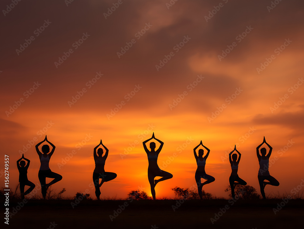 Fototapeta premium Yoga Silhouette Group Meditation at Sunset: Outdoor Health and Wellness Exercise