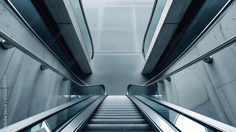 Obraz premium Modern Escalator Descending in a Contemporary Building, Sleek Escalator Design in a Minimalist Architectural Setting
