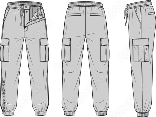 Technical flat sketch of men's cargo jogger pants, detailed CAD illustration, vector line drawing, fashion design, front back side view