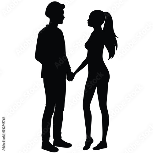 Romantic couple holding hands silhouetted against white background illustrating love and connection