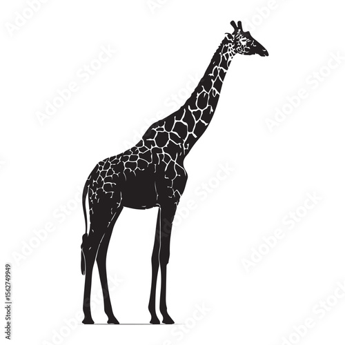 Black silhouette of giraffe full body, A silhouette of a giraffe standing against a plain white background, A black Silhouette giraffe animal