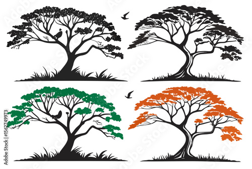 set of Cypress tree vector silhouette illustration isolated on white background