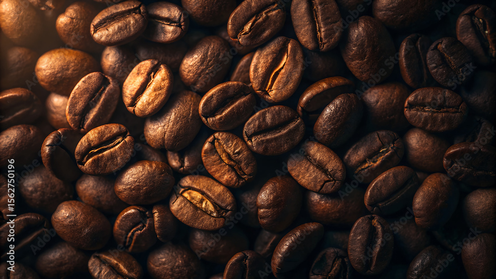 Fototapeta premium Close up macro shot of roasted coffee beans with warm lighting and shallow depth of field