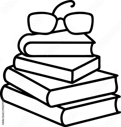 Clean line drawing of a stack of books with reading glasses with white background.