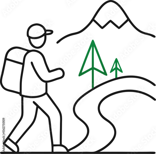 Continuous contour drawing of a hiker on a trail with white background.