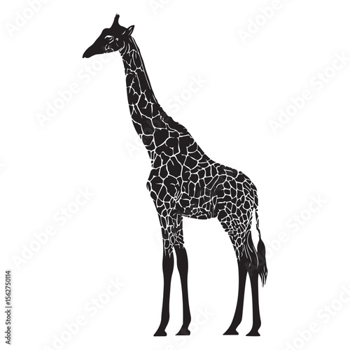 Black silhouette of giraffe full body, A silhouette of a giraffe standing against a plain white background, A black Silhouette giraffe animal
