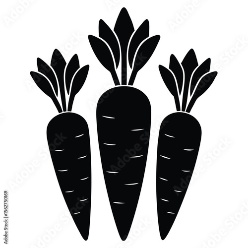 Simple black and white vector illustration depicting three carrots with green leaves