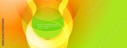 Abstract design features layered circles, vibrant yellow, orange, green hues. Modern composition creates dynamic visual effect.