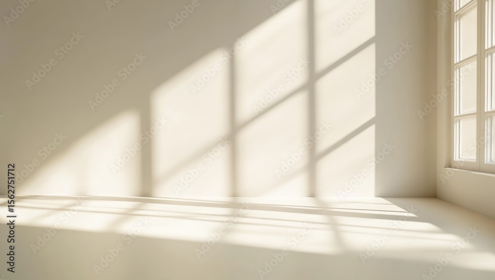 Sunlight casts soft shadows on a pale beige room with a large window Sunlight casts soft shadows on a pale beige room with a large window