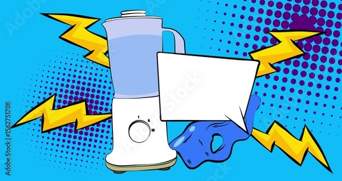 Cartoon food blender with blank speech bubble, comic book electronic kitchenware video. Retro comics pop art animation.