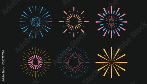 Colorful Firework Burst Icon Set on Dark Background for Celebration, Festival, Party, New Year, and Holiday Graphic Design and Decoration Projects.