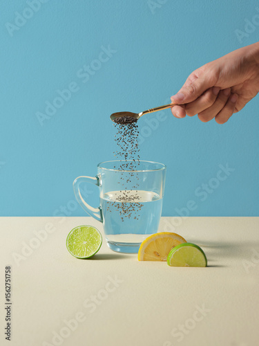 An artistic composition portraying a chia seed hydration process