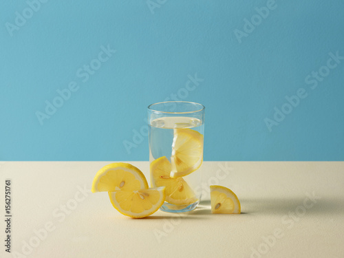 Glass of Lemon-Infused Water on blue and beige background