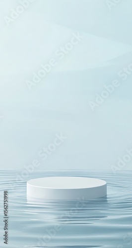 White circular podium on a light blue water surface