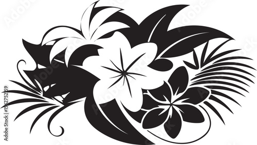Black and white abstract floral design with decorative flowers and leaves