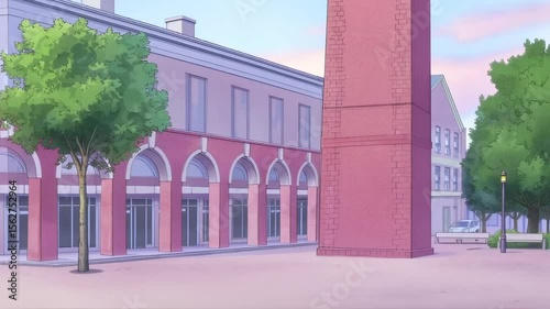 Cartoon Style Town Square With Clock Tower Animation Background Loop