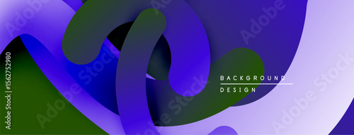 Abstract fluid shapes, vibrant purple hues, dark green accents. Modern design, smooth gradients create dynamic composition.