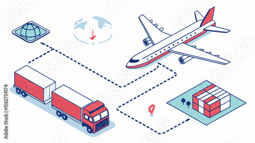 Isometric vector illustration showing a complete transportation and logistics system, including land, sea and air.