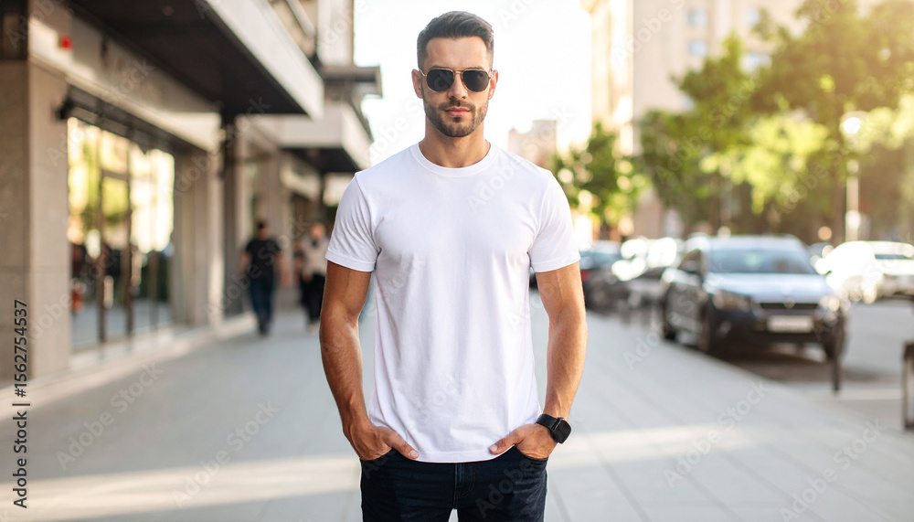 Fototapeta premium Plain White T-Shirt Mockup on Male Model in Urban Outdoor Street Background