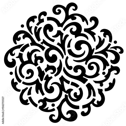 Decorative round ornament  for laser cut, Abstract ornate curl pattern in black and white, filigree flourish illustration, symmetrical mandala vector graphic for design