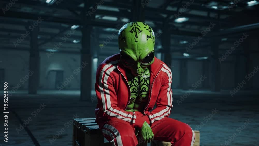 Alien vert en survêtement rouge assis dans un entrepôt