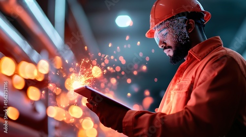 Skilled Worker Using Tablet in Factory with Sparks and Safety Gear