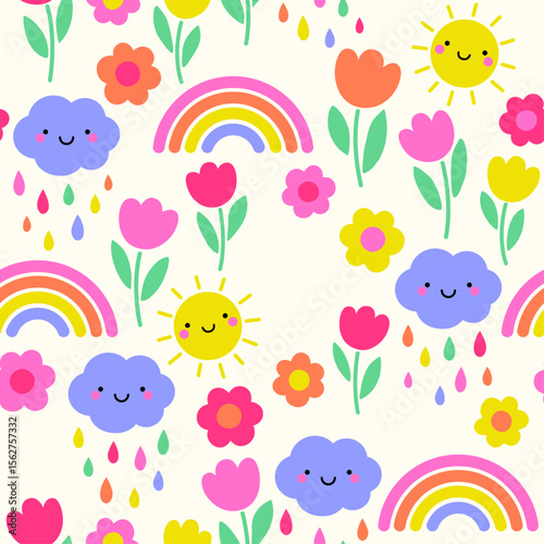 Colorful cute sun, cloud, flower, rain and rainbow seamless pattern design for spring season background.	