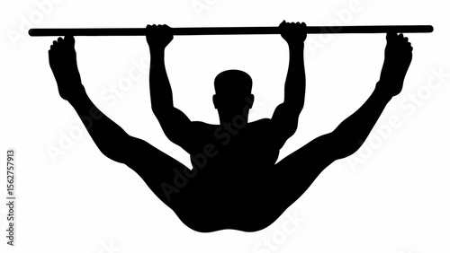 Silhouette of a gymnast performing a split while hanging from a bar with hands and feet holding it